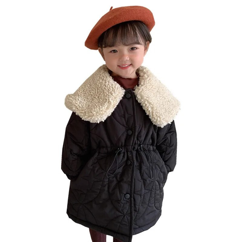 Mergaičių ilga medvilnine paminkštinta striukė, žiema 2022 m. Korėjos vienspalvė stora, šilta vaikų apykaklės apykakle, juosmens viršutiniai drabužiai ir paltai