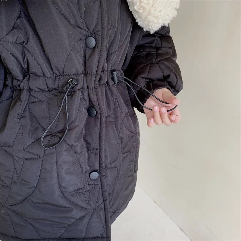 Mergaičių ilga medvilnine paminkštinta striukė, žiema 2022 m. Korėjos vienspalvė stora, šilta vaikų apykaklės apykakle, juosmens viršutiniai drabužiai ir paltai