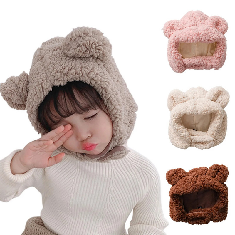 Šilta žieminė vaikiška skarelė kepurė pliušinė vaikiška ausų apsauginė kepurė berniukui mergaitei lauke neperpučiama nuo vėjo gaubtelės kepuraitės ėriuko vilnos kepuraitės iš kaklo