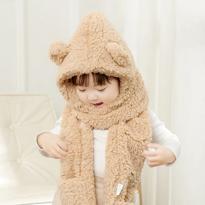 Plush Bear Lastemüts Beebitüdruk Sügis Talvine Soe Müts Sall Kinnas ühes tükis Pehme Armas Külmakindel poistele Laste Mütsid Sallmask