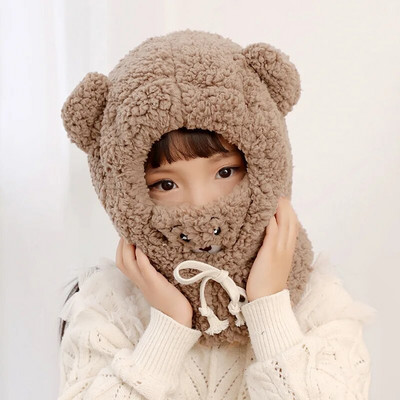 Plush Bear Lastemüts Beebitüdruk Sügis Talvine Soe Müts Sall Kinnas ühes tükis Pehme Armas Külmakindel poistele Laste Mütsid Sallmask