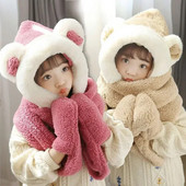 3 viename Skrybėlių šalikų pirštinių rinkinys Vaikams Animacinis filmas Meškiukas Ausis Pliušinis su gobtuvu ausų atvartu Kepurės žiemai, šiltos mergaitės berniukai, kepuraitės, šalikai