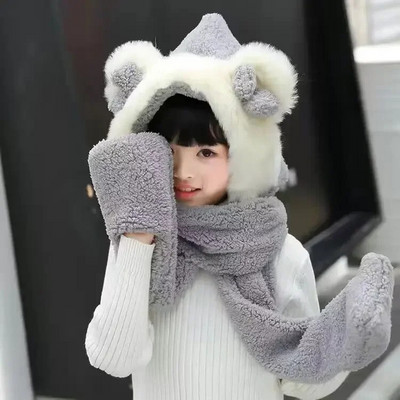 3 viename Skrybėlių šalikų pirštinių rinkinys Vaikams Animacinis filmas Meškiukas Ausis Pliušinis su gobtuvu ausų atvartu Kepurės žiemai, šiltos mergaitės berniukai, kepuraitės, šalikai