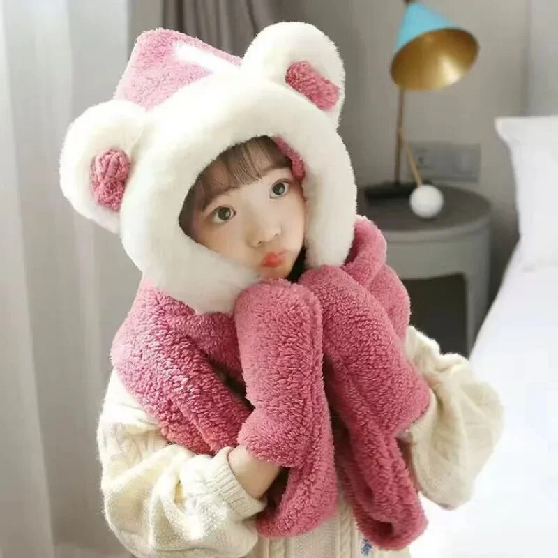 3 viename Skrybėlių šalikų pirštinių rinkinys Vaikams Animacinis filmas Meškiukas Ausis Pliušinis su gobtuvu ausų atvartu Kepurės žiemai, šiltos mergaitės berniukai, kepuraitės, šalikai