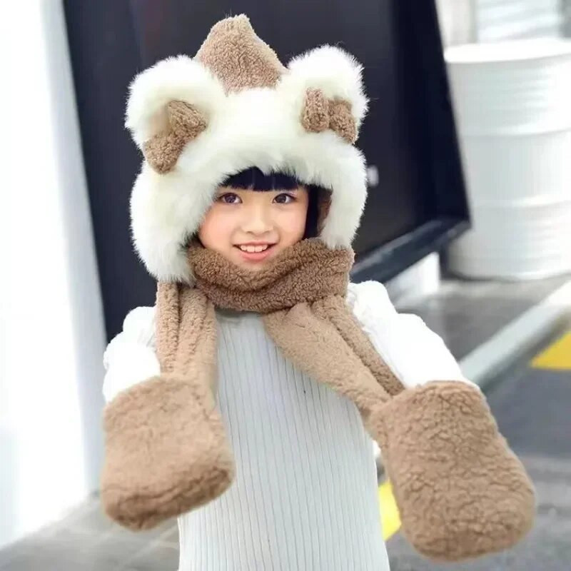 3 viename Skrybėlių šalikų pirštinių rinkinys Vaikams Animacinis filmas Meškiukas Ausis Pliušinis su gobtuvu ausų atvartu Kepurės žiemai, šiltos mergaitės berniukai, kepuraitės, šalikai