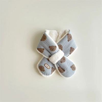 Mielas meškiukas kūdikių šalikas žiemai šiltas pliušinis kryžminis kaklaskarėlis berniukui korėjiečių animacinio filmo spaudiniu dirbtinio kailio vaikų kaklo apykaklė