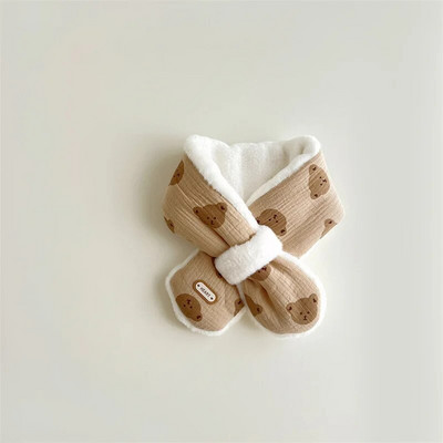 Mielas meškiukas kūdikių šalikas žiemai šiltas pliušinis kryžminis kaklaskarėlis berniukui korėjiečių animacinio filmo spaudiniu dirbtinio kailio vaikų kaklo apykaklė