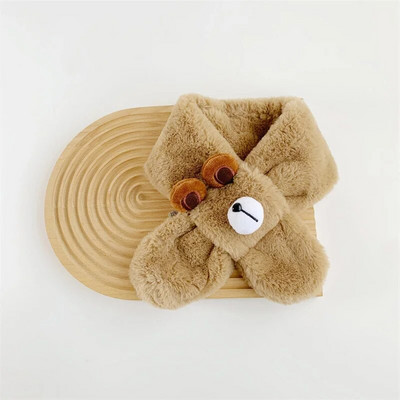 Mielas meškiukas kūdikių šalikas žiemai šiltas pliušinis kryžminis kaklaskarėlis berniukui korėjiečių animacinio filmo spaudiniu dirbtinio kailio vaikų kaklo apykaklė