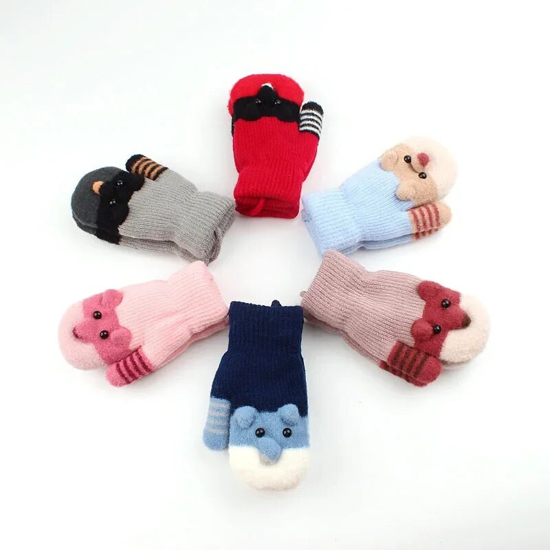 0-3 metų animacinių filmų kumštinės pirštinės su kailiu vaikui šiltos pirštinės vaikams rudeninės megztos pirštinės Mielos žieminės pirštinės berniukams ir mergaitėms