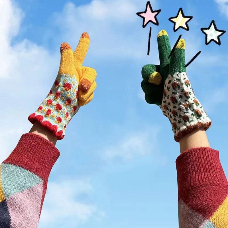 Χειμερινά χοντρά ζεστά γάντια για γυναίκες φοιτήτριες Χαριτωμένα γάντια με οθόνη αφής ηλίανθου πλεκτά Γάντια για σκι εξωτερικού χώρου ιππασίας για κορίτσια Νέο