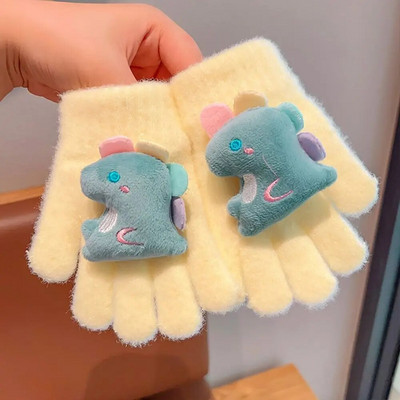Παιδικά κορίτσια κινουμένων σχεδίων, πλεκτά γάντια από κουνέλι δεινόσαυρος, χειμωνιάτικα ζεστά παχύρρευστα αντιανεμικά γάντια γάντια με πλήρη δάχτυλα για 3-8 χρονών