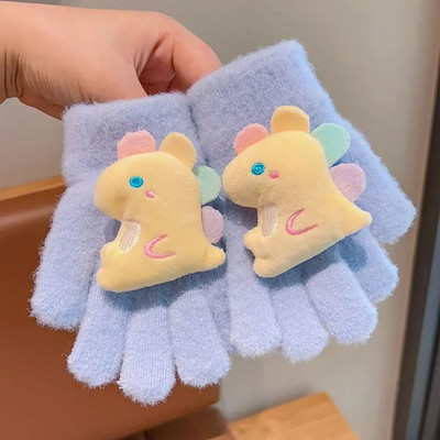 Παιδικά κορίτσια κινουμένων σχεδίων, πλεκτά γάντια από κουνέλι δεινόσαυρος, χειμωνιάτικα ζεστά παχύρρευστα αντιανεμικά γάντια γάντια με πλήρη δάχτυλα για 3-8 χρονών