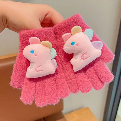 Παιδικά κορίτσια κινουμένων σχεδίων, πλεκτά γάντια από κουνέλι δεινόσαυρος, χειμωνιάτικα ζεστά παχύρρευστα αντιανεμικά γάντια γάντια με πλήρη δάχτυλα για 3-8 χρονών