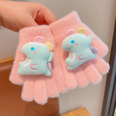 Παιδικά κορίτσια κινουμένων σχεδίων, πλεκτά γάντια από κουνέλι δεινόσαυρος, χειμωνιάτικα ζεστά παχύρρευστα αντιανεμικά γάντια γάντια με πλήρη δάχτυλα για 3-8 χρονών