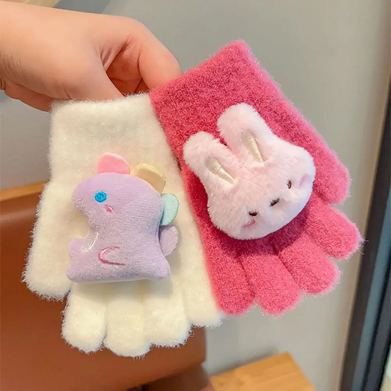Παιδικά κορίτσια κινουμένων σχεδίων, πλεκτά γάντια από κουνέλι δεινόσαυρος, χειμωνιάτικα ζεστά παχύρρευστα αντιανεμικά γάντια γάντια με πλήρη δάχτυλα για 3-8 χρονών