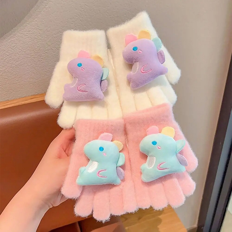 Παιδικά κορίτσια κινουμένων σχεδίων, πλεκτά γάντια από κουνέλι δεινόσαυρος, χειμωνιάτικα ζεστά παχύρρευστα αντιανεμικά γάντια γάντια με πλήρη δάχτυλα για 3-8 χρονών