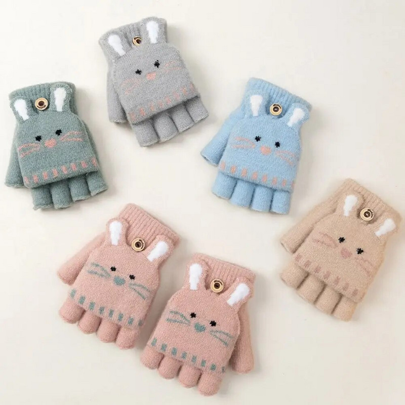 Χειμερινά παιδικά χαριτωμένα πλεκτά γάντια κινουμένων σχεδίων Γάντι με μισό δάχτυλο, ζεστό παχύρρευστο παιδικό γάντι