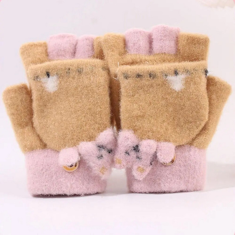 Χειμωνιάτικα ζεστά παιδιά Πλεκτά μάλλινα γάντια Γάντια με μισό δάχτυλο Παχιά αντιανεμικά γάντια χαριτωμένα γάντια κινουμένων σχεδίων για 4-10 χρόνια