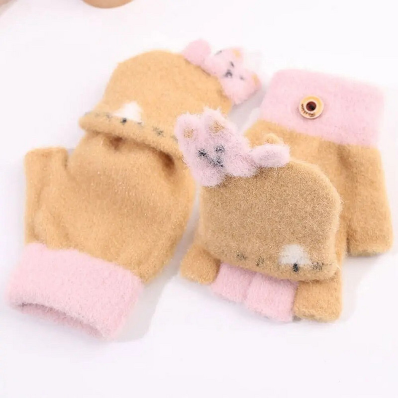 Χειμωνιάτικα ζεστά παιδιά Πλεκτά μάλλινα γάντια Γάντια με μισό δάχτυλο Παχιά αντιανεμικά γάντια χαριτωμένα γάντια κινουμένων σχεδίων για 4-10 χρόνια