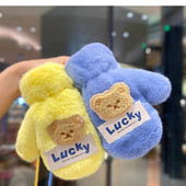 2-7 Y Winter Cute Bear βελούδινα παιδικά γάντια με σχοινί λαιμού Βρεφικά αγόρια για κορίτσια γάντια με πλήρες δάχτυλο Παιδικά ζεστά γάντια