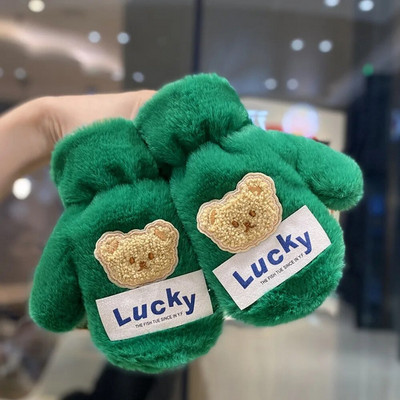 2-7 Y Winter Cute Bear βελούδινα παιδικά γάντια με σχοινί λαιμού Βρεφικά αγόρια για κορίτσια γάντια με πλήρες δάχτυλο Παιδικά ζεστά γάντια