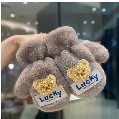 2-7 Y Winter Cute Bear βελούδινα παιδικά γάντια με σχοινί λαιμού Βρεφικά αγόρια για κορίτσια γάντια με πλήρες δάχτυλο Παιδικά ζεστά γάντια