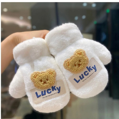 2-7 Y Winter Cute Bear βελούδινα παιδικά γάντια με σχοινί λαιμού Βρεφικά αγόρια για κορίτσια γάντια με πλήρες δάχτυλο Παιδικά ζεστά γάντια