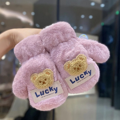 2-7 Y Winter Cute Bear βελούδινα παιδικά γάντια με σχοινί λαιμού Βρεφικά αγόρια για κορίτσια γάντια με πλήρες δάχτυλο Παιδικά ζεστά γάντια
