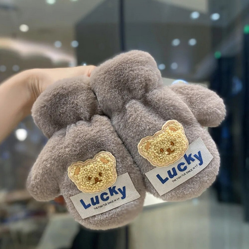 2-7 Y Winter Cute Bear βελούδινα παιδικά γάντια με σχοινί λαιμού Βρεφικά αγόρια για κορίτσια γάντια με πλήρες δάχτυλο Παιδικά ζεστά γάντια