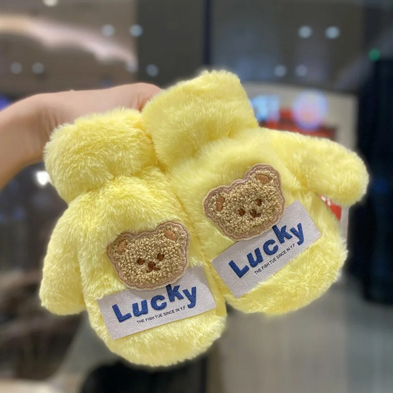 2-7 Y Winter Cute Bear βελούδινα παιδικά γάντια με σχοινί λαιμού Βρεφικά αγόρια για κορίτσια γάντια με πλήρες δάχτυλο Παιδικά ζεστά γάντια