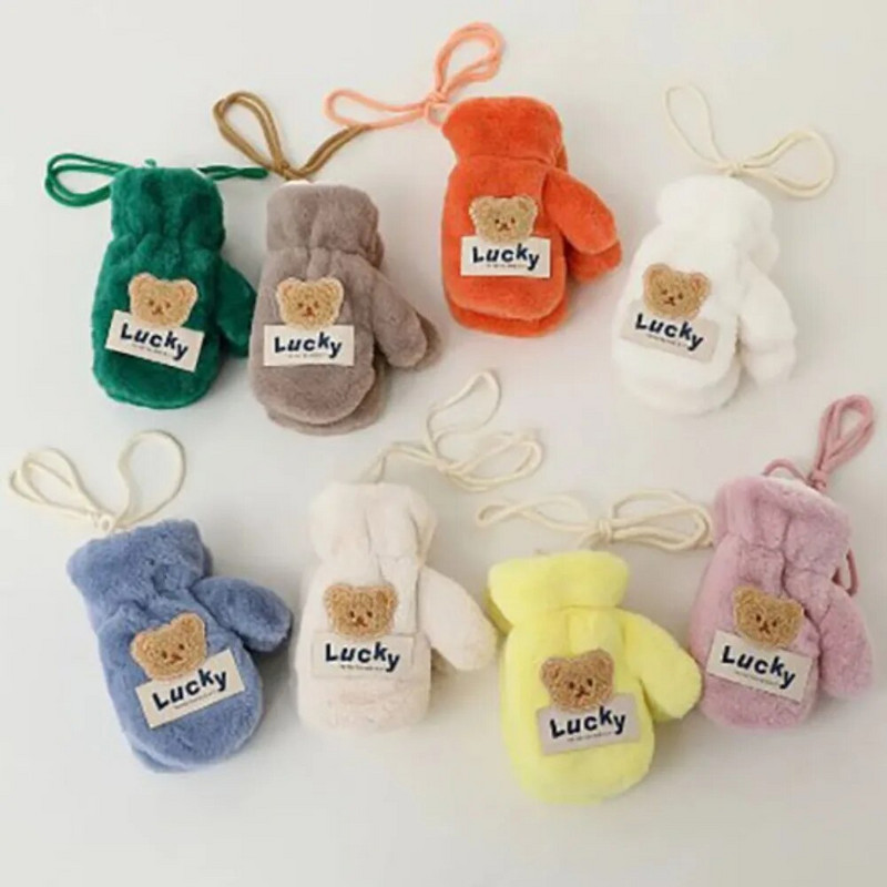 2-7 Y Winter Cute Bear βελούδινα παιδικά γάντια με σχοινί λαιμού Βρεφικά αγόρια για κορίτσια γάντια με πλήρες δάχτυλο Παιδικά ζεστά γάντια
