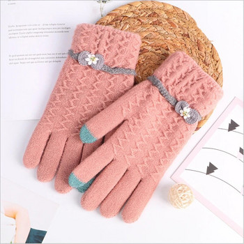 Warmom Кашмирени плетени ръкавици със сензорен екран за момичета Зимни топли модни жакардови ръкавици с бантик с чист цвят за възрастни 21*10CM