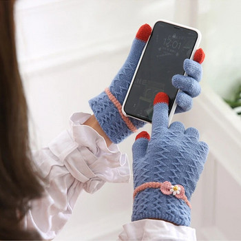 Warmom Кашмирени плетени ръкавици със сензорен екран за момичета Зимни топли модни жакардови ръкавици с бантик с чист цвят за възрастни 21*10CM