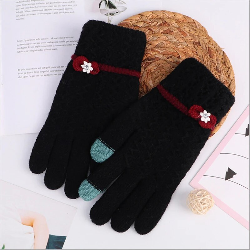 Γάντια με οθόνη αφής ζεστά κασμίρ για κορίτσια Χειμερινή ζεστή μόδα Bowknot καθαρού χρώματος ζακάρ γάντια για ενήλικες 21*10cm