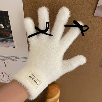 Μαλακό βιζόν Fleece Χειμερινά γάντια Γυναικεία κορίτσια Χαριτωμένο φιόγκο Μασίφ Λευκό Ζεστό Λούτρινο Πλεκτό Γάντι Ολόσωμο Δάχτυλο Γάντια καρπού