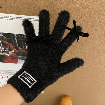 Μαλακό βιζόν Fleece Χειμερινά γάντια Γυναικεία κορίτσια Χαριτωμένο φιόγκο Μασίφ Λευκό Ζεστό Λούτρινο Πλεκτό Γάντι Ολόσωμο Δάχτυλο Γάντια καρπού