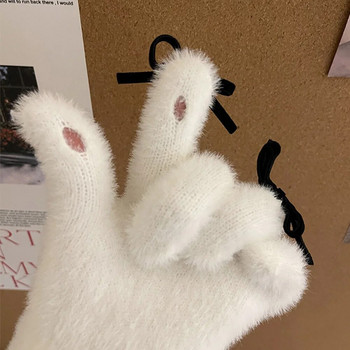 Зимни ръкавици от меко руно от норка Жени Момичета Сладък лък Твърди бели топли плюшени плетени ръкавици с цял пръст Screentouch ръкавици с пръсти