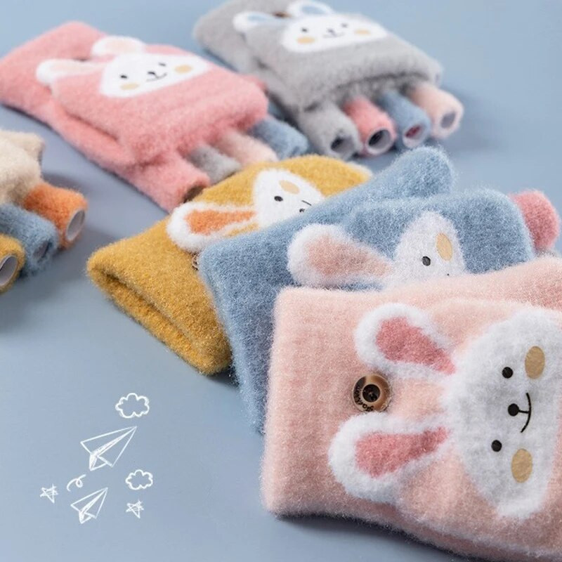 6-10-aastane poiss, tüdruk, karusnaha, villane kudum, laps, pehme poolsõrmega klapitav kinnas, talv, soe, armas multikas jänes kootud labakinnas