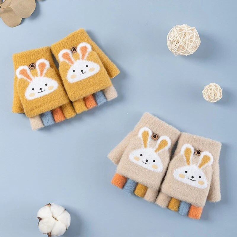 6-10-aastane poiss, tüdruk, karusnaha, villane kudum, laps, pehme poolsõrmega klapitav kinnas, talv, soe, armas multikas jänes kootud labakinnas