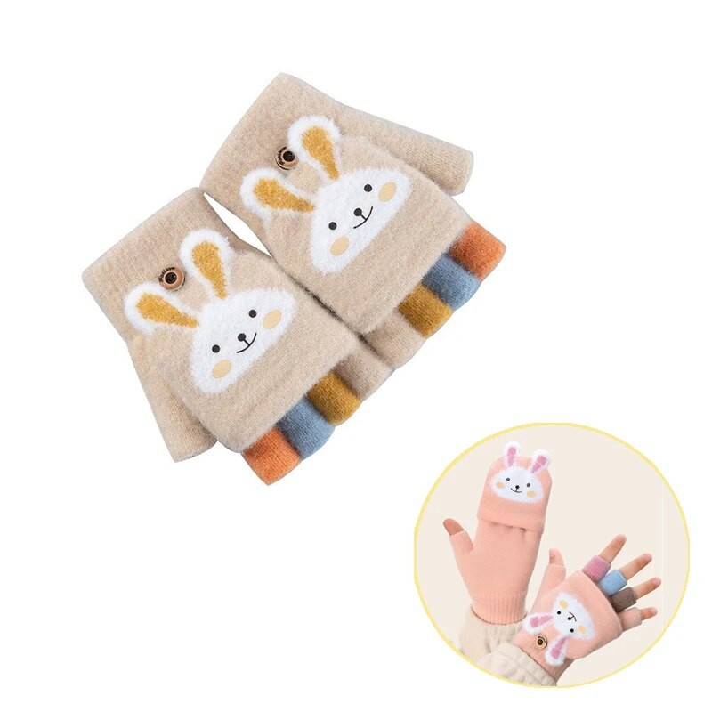 6-10-aastane poiss, tüdruk, karusnaha, villane kudum, laps, pehme poolsõrmega klapitav kinnas, talv, soe, armas multikas jänes kootud labakinnas