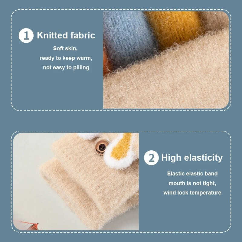 6-10-aastane poiss, tüdruk, karusnaha, villane kudum, laps, pehme poolsõrmega klapitav kinnas, talv, soe, armas multikas jänes kootud labakinnas