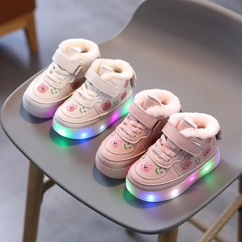 Детски памучни обувки за момичета Led осветени плюшени бордови обувки Зимни неплъзгащи се високи спортни обувки Светещи детски ежедневни маратонки