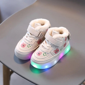 Детски памучни обувки за момичета Led осветени плюшени бордови обувки Зимни неплъзгащи се високи спортни обувки Светещи детски ежедневни маратонки