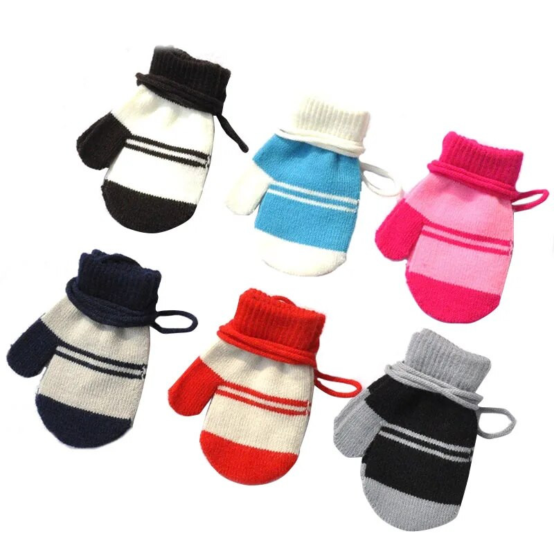 Warmom Dviejų atspalvių dryžuotos spalvos dryžuotos megztos šiltos pirštinės su virvele Kalėdinės dovanos vaikams Pirštinės Naujagimio aksesuarai