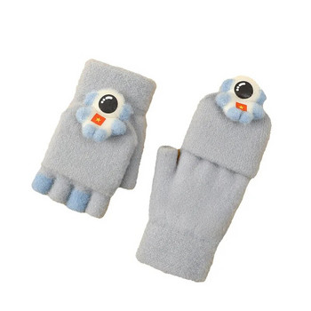 Детски ръкавици с преобръщане на половин пръст за момчета Момичета 6-13 години Карикатура Spaceman Меки плетени зимни топли ръкавици за ученици