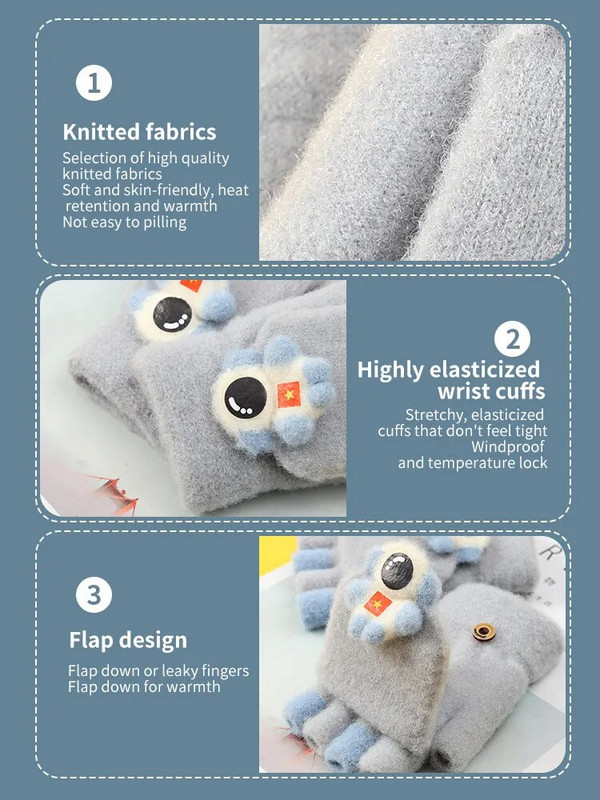 Puspirščiu apverčiamos vaikiškos pirštinės berniukams Mergaitėms 6-13 m. Animacinis kosminis žmogus Minkštos megztos žieminės šiltos kumštinės pirštinės studentams