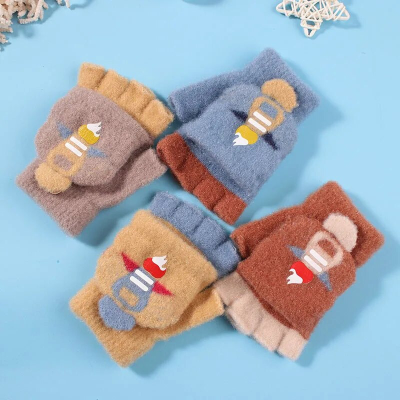 Παιδικά γάντια Warmom Ζεστά χειμωνιάτικα Παχύτητα με μισό δάχτυλο κινούμενα σχέδια Cute Pupils Flip Knitted Gloves Little Rocket Kids mittens