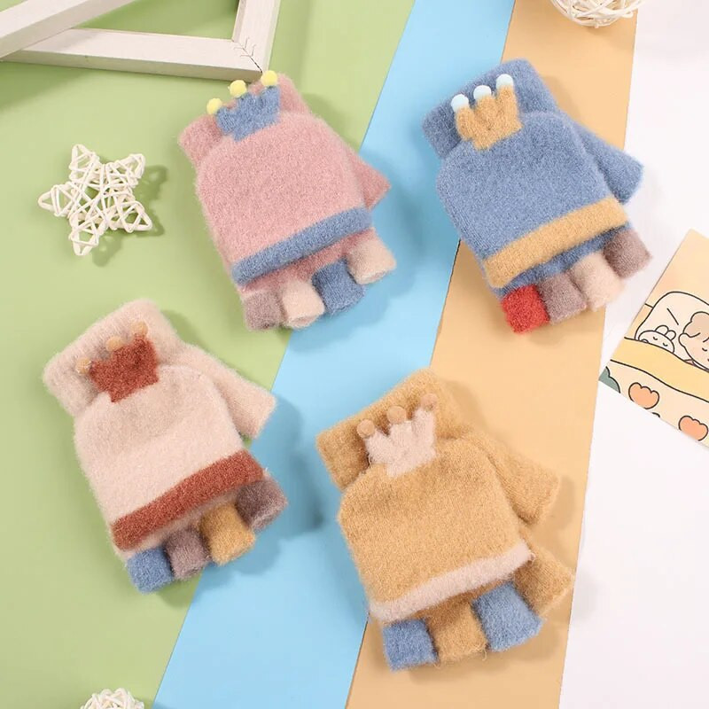 Παιδικά γάντια Warmom Ζεστά χειμωνιάτικα Παχύτητα με μισό δάχτυλο κινούμενα σχέδια Cute Pupils Flip Knitted Gloves Little Rocket Kids mittens