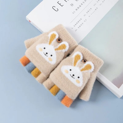Šiltos vaikiškos kumštinės pirštinės vaikams žieminės penkių pirštų megztos vaikiškos pirštinės Animacinių filmų zuikis Flip Gloves варежки детские зимние