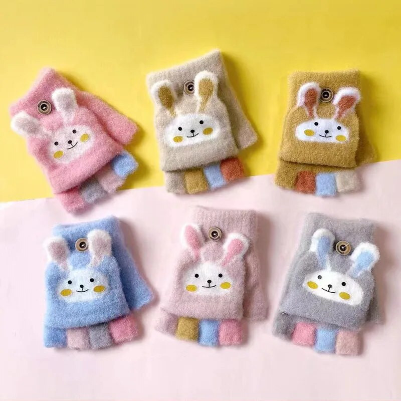 Šiltos vaikiškos kumštinės pirštinės vaikams žieminės penkių pirštų megztos vaikiškos pirštinės Animacinių filmų zuikis Flip Gloves варежки детские зимние